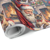 Santa Claus Holding Siamese Cat Christmas Art Cadeaupapier (Rol Hoek)