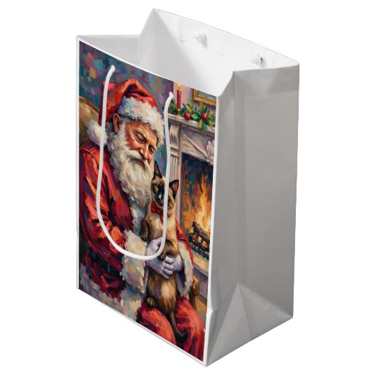 Santa Claus Holding Siamese Cat Christmas Art Medium Cadeauzakje (Voorkant Gekanteld)