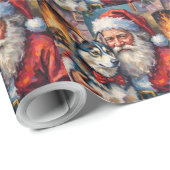 Santa Claus Holding Siberian Husky Christmas Art Cadeaupapier (Rol Hoek)