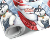 Santa Claus Holding Siberian Husky Christmas Art Cadeaupapier (Rol Hoek)