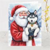 Santa Claus Holding Siberian Husky Christmas Art Kaart (Gele Bloem)