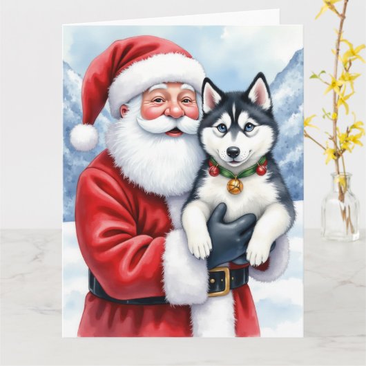 Santa Claus Holding Siberian Husky Christmas Art Kaart (Gele Bloem)