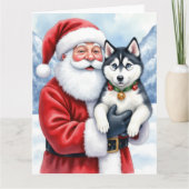 Santa Claus Holding Siberian Husky Christmas Art Kaart (Voorkant)
