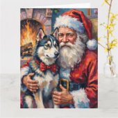 Santa Claus Holding Siberian Husky Christmas Art Kaart (Gele Bloem)