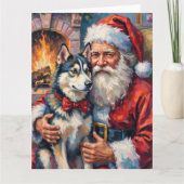 Santa Claus Holding Siberian Husky Christmas Art Kaart (Voorkant)