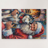 Santa Claus Holding Siberian Husky Christmas Art Legpuzzel (Horizontaal)