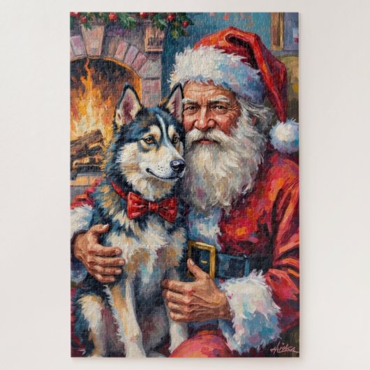 Santa Claus Holding Siberian Husky Christmas Art Legpuzzel (Verticaal)