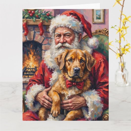 Santa Claus Holding Tibetan Mastiff Christmas Art Kaart (Gele Bloem)