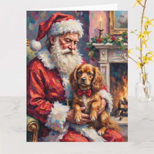 Santa Claus Holding Tibetan Spaniel Christmas Art Kaart (Gele Bloem)