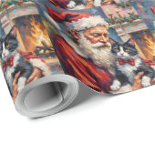 Santa Claus Holding Tuxedo Cat Christmas Art Cadeaupapier (Rol Hoek)