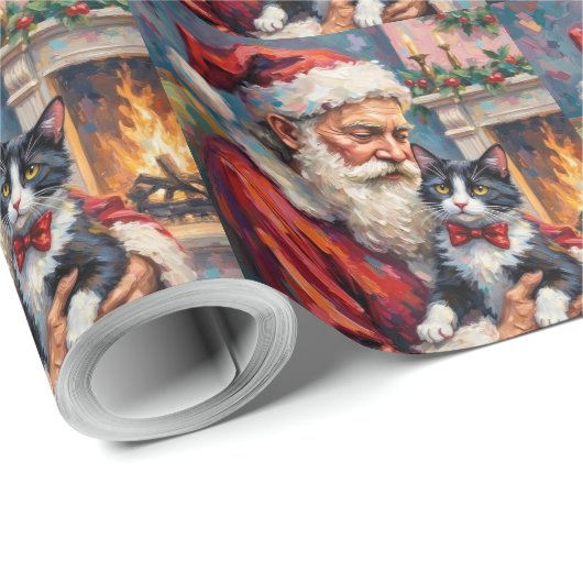 Santa Claus Holding Tuxedo Cat Christmas Art Cadeaupapier (Rol Hoek)