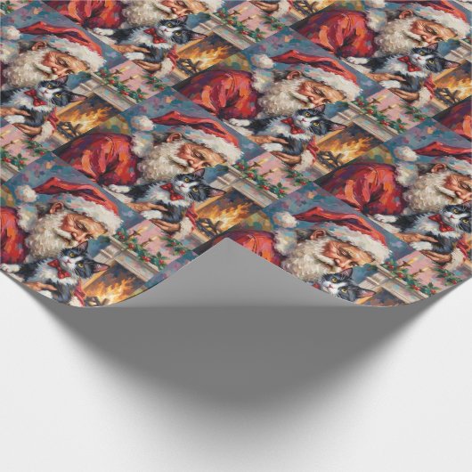 Santa Claus Holding Tuxedo Cat Christmas Art Cadeaupapier (Hoek)