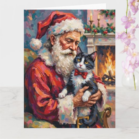 Santa Claus Holding Tuxedo Cat Christmas Art Kaart (Orchidee)