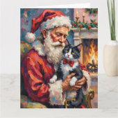 Santa Claus Holding Tuxedo Cat Christmas Art Kaart (Voorkant)