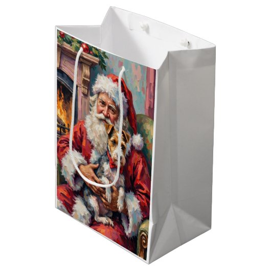 Santa Claus Holding Wirefox Terrier Christmas Art Medium Cadeauzakje (Voorkant Gekanteld)