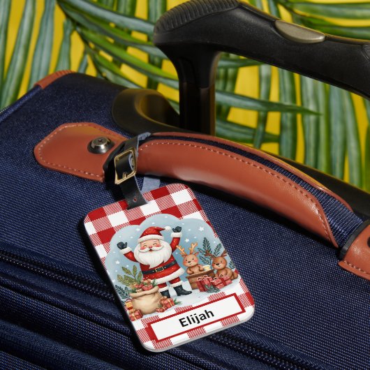 Santa Claus Holiday Gingham Red Christmas ID Bagagelabel (Voorkant Insitu 1)