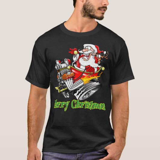 Santa Claus Hot Rod Sleigh Merry Christmas T-shirt (Voorkant)