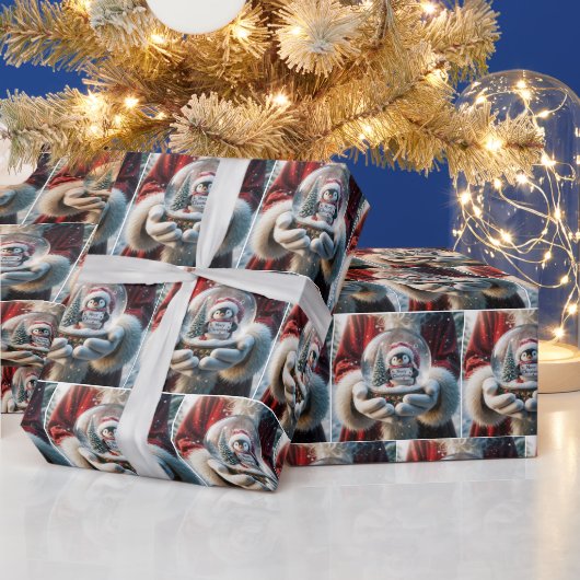Santa Claus houdt een Wereldbol met pinguïnsneeuw Cadeaupapier (Feestdagen)