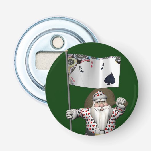 Santa Claus houdt van het spelen poker Button Flesopener (Voorkant)