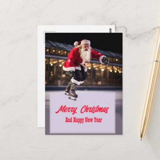 Santa Claus Ice Skating Briefkaart (Voorkant / Achterkant in situ)
