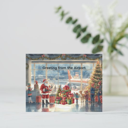 Santa Claus in at the airport Feestdagenkaart (Staand voorkant)