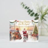 Santa Claus in at the airport Feestdagenkaart (Staand voorkant)
