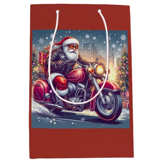 Santa Claus in motormodus Medium Cadeauzakje (Voorkant)