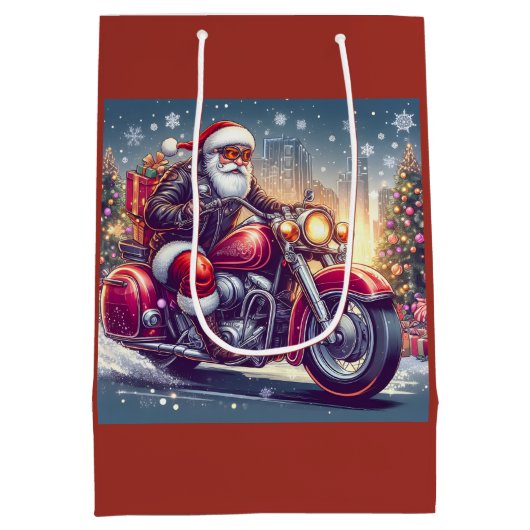 Santa Claus in motormodus Medium Cadeauzakje (Achterkant)