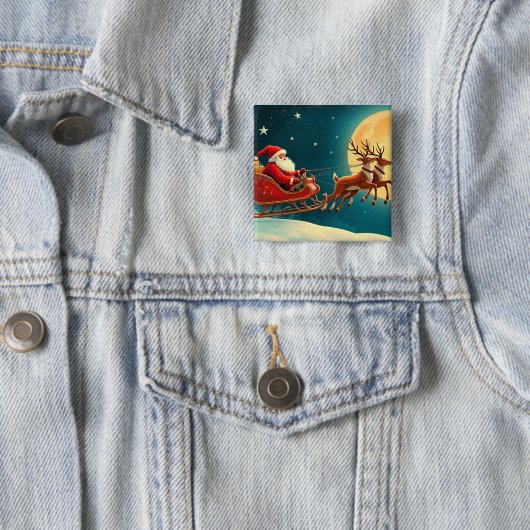 Santa Claus in Sleigh Vierkante Button 5,1 Cm (In situ)