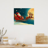 Santa Claus in sleigh with reindeer Poster (Keuken)