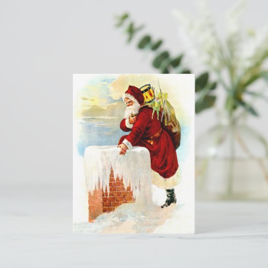 Santa Claus is coming through chimney with toys Briefkaart (Staand voorkant)