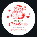 Santa Claus kerstcadeau, speciaal aangepast Ronde Sticker<br><div class="desc">De moderne,  gepersonaliseerde kerstcadeausticker voor het label,  met een klassieke witte achtergrond,  een rode en witte kerstkleus,  sterren om die magische aanraking en een moderne sjabloon toe te voegen die gemakkelijk te aanpassen is.</div>