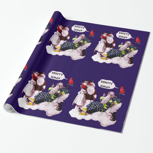 SANTA CLAUS, KLEINE ANGEL EN MERLIN kerstfeest Cadeaupapier (Uitgerold)
