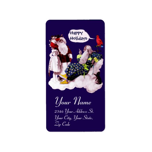 SANTA CLAUS, KLEINE ANGEL EN MERLIN kerstfeest Etiket (Voorkant)