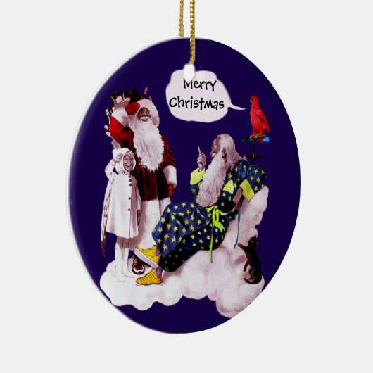 SANTA CLAUS, KLEINE ANGEL EN MERLIN kerstfeest Keramisch Ornament (Rechts)