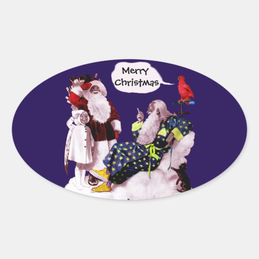 SANTA CLAUS, KLEINE ANGEL EN MERLIN kerstfeest Ovale Sticker (Voorkant)