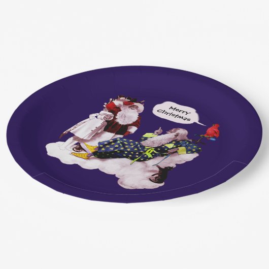 SANTA CLAUS, KLEINE ANGEL EN MERLIN kerstfeest Papieren Bordje (Gekanteld)