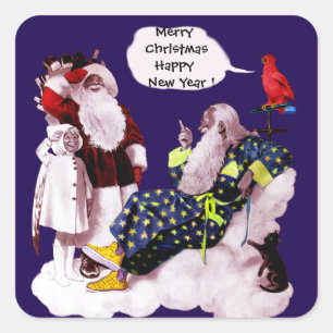 SANTA CLAUS, KLEINE ANGEL EN MERLIN kerstfeest Vierkante Sticker