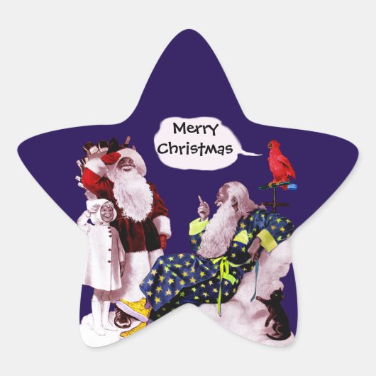 SANTA CLAUS, KLEINE ANGEL EN MERLIN kerstster Ster Sticker (Voorkant)