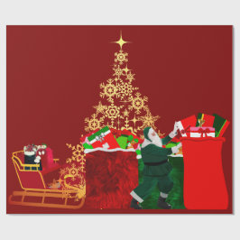 Santa Claus komt naar de stad met rood inpakpapier