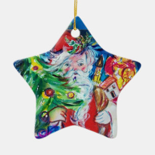 SANTA CLAUS MET CHRISTMAS TREE EN GIFTS Red Ruby Keramisch Ornament
