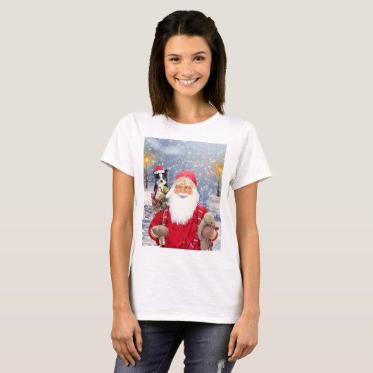 Santa Claus met kerstcadeaus Border Collie Dog T-shirt (Voorkant volledig)