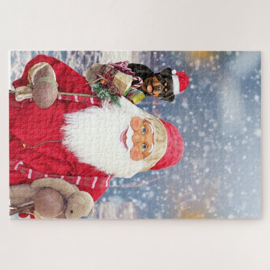 Santa Claus met kerstcadeaus Rottweiler Dog Legpuzzel (Horizontaal)