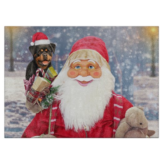 Santa Claus met kerstcadeaus Rottweiler Dog Snijplank (Voorkant)