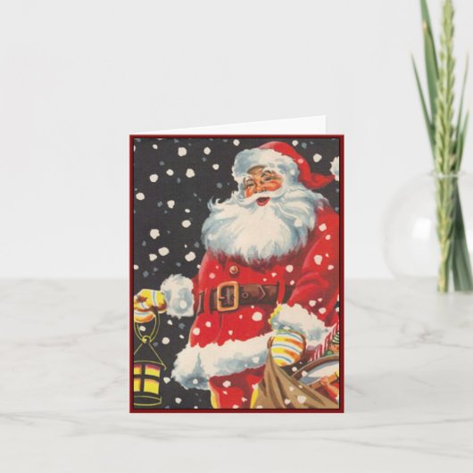 Santa Claus met Kerstlantaarn - Vintage Afbeelding Feestdagen Kaart (Voorkant)