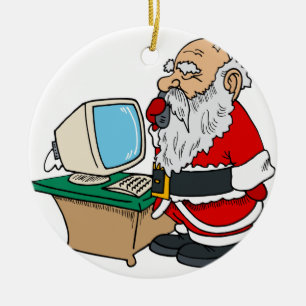 santa claus met telefoon en computer keramisch ornament