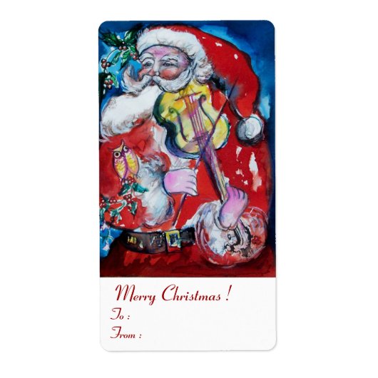 SANTA CLAUS MET VIOLIN Musical Kerstmis Etiket (Voorkant)