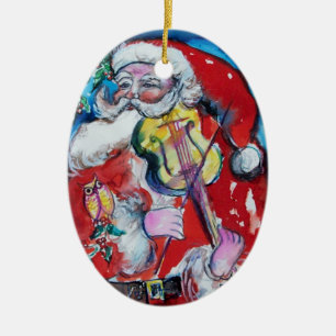 SANTA CLAUS MET VIOLIN, MUSISCHE CHRISTMAS Red Rub Keramisch Ornament