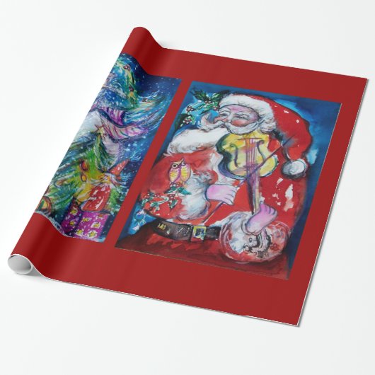 SANTA CLAUS MET VIOLIN/SNOWMAN EN XMAS TREE CADEAUPAPIER (Uitgerold)