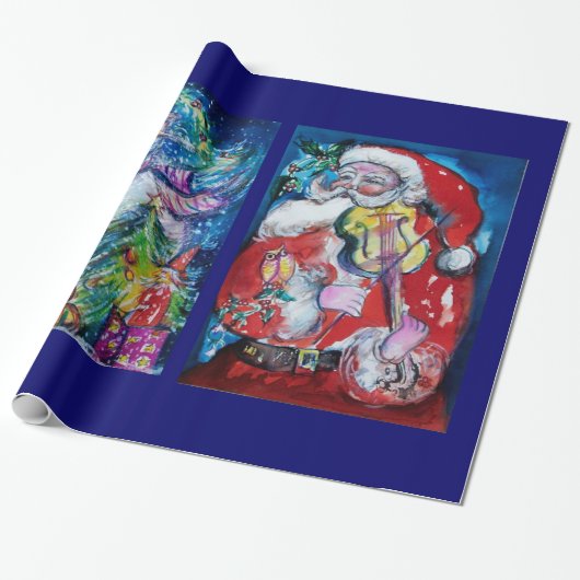 SANTA CLAUS MET VIOLIN/SNOWMAN EN XMAS TREE CADEAUPAPIER (Uitgerold)